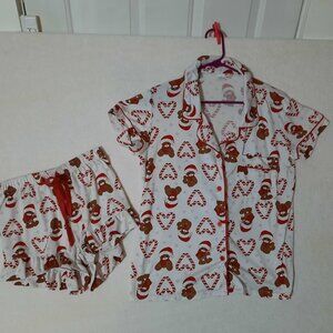 Womens Christmas Pajamas Set Short Sleeve Sleepwear Button Shorts Soft Pjs EUC